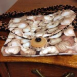 A fabric bag with a button clasp, featuring a garlic pattern, rests on a wooden dresser with a polka-dot scarf.