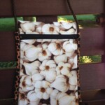 Crossbody bag with a garlic print design hanging on a wooden bench.