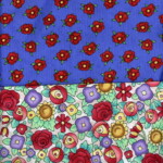 Two fabric patterns: top with red flowers on blue; bottom with various colorful flowers and spirals on a light background.