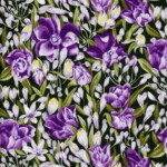 Floral pattern with purple and white flowers, green leaves on a dark background.