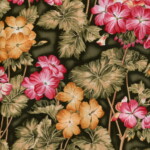 Colorful floral pattern featuring pink and orange flowers with green leaves on a dark background.