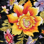 Floral fabric pattern with large yellow and red flowers, purple blooms, and green leaves on a black background.