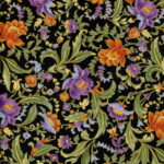 Floral pattern with orange, purple, and green flowers and leaves on a black background.