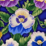 Colorful pansy flowers with green leaves on a deep blue background, displaying shades of purple, blue, yellow, and white.