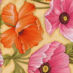 Floral fabric pattern with vibrant orange and pink poppies, green leaves, on a light yellow background.