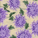 Pattern of purple chrysanthemum flowers with green leaves on a light beige background.