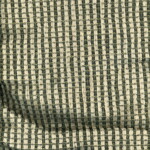 Close-up of a fabric with a textured pattern of intersecting vertical and horizontal lines in dark green and off-white.