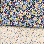 Two fabric patterns: top with colorful letters and numbers, bottom with multicolored polka dots on a light background.