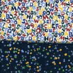 Colorful alphabet and numbers are scattered across the top, while multicolored dots are on a dark background at the bottom.