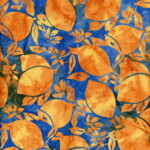 Orange lemons and floral patterns on a textured blue background.