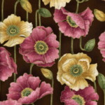 Illustration of pink and yellow poppies with green leaves on dark background.